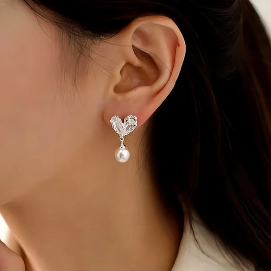 14K Gold-Plated Zircon Heart Pearl Earrings - elegant Dainty Heart Pearl