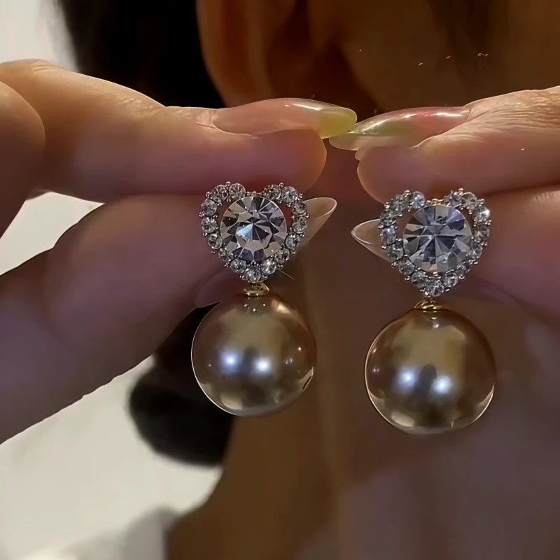 14K Gold-Plated Zircon Heart Pearl Earrings - elegant Tortoiseshell Heart Pearl