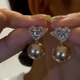 14K Gold-Plated Zircon Heart Pearl Earrings - elegant Tortoiseshell Heart Pearl