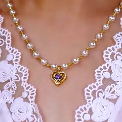 14K Gold-Plated Zircon Heart Pearl Necklaces worn to showcase its length and pendant detail