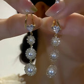 14K Gold-Plated Zircon Heart Pearl Tassel Earrings - elegant Heart Pearl Tassel