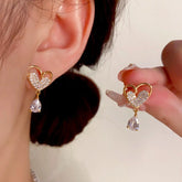 14K Gold-Plated Zircon Heart Tassel Earrings - elegant Heart Tassel Drops