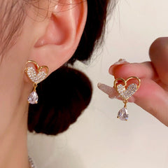 14K Gold-Plated Zircon Heart Tassel Earrings - elegant Heart Tassel Drops