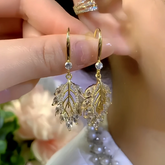 14K Gold-Plated Zircon Hollow Leaf Ear Hooks - elegant Hollow Leaf Ear Hooks