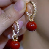 14K Gold-Plated Zircon Hoop Pearl Earrings - elegant Red Bead Pearl Hoops