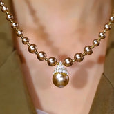 14K Gold-Plated Zircon Inlaid Champagne Pearl Necklace - beautiful Champagne Pearl Halo