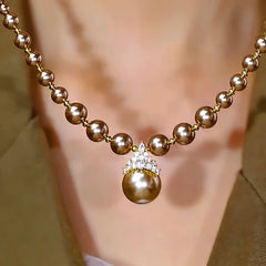 14K Gold-Plated Zircon Inlaid Champagne Pearl Necklace - beautiful Champagne Pearl Halo