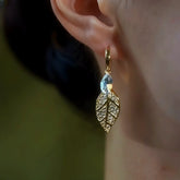 14K Gold-Plated Zircon Leaf Earrings - elegant Pave Leaf Hoops