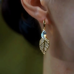 14K Gold-Plated Zircon Leaf Earrings - elegant Pave Leaf Hoops