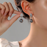 14K Gold-Plated Zircon Leaf Gray Pearl Earrings - elegant Leaf & Gray Pearl