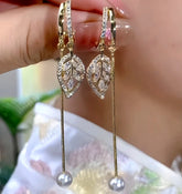 14K Gold-Plated Zircon Leaf Pearl Earrings - elegant Curved Leaf Pearl