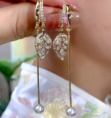 14K Gold-Plated Zircon Leaf Pearl Earrings - elegant Curved Leaf Pearl