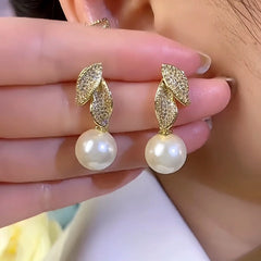 14K Gold-Plated Zircon Leaf Pearl Earrings - elegant Pave Leaf Pearl