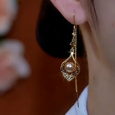 14K Gold-Plated Zircon Leaf Pearl Threader Earrings - elegant Tortoiseshell Leaf Pearl