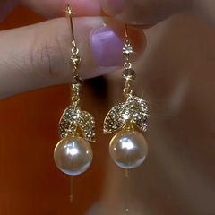 14K Gold-Plated Zircon Leaf Pearl Threader Earrings - elegant Golden Leaf Pearl