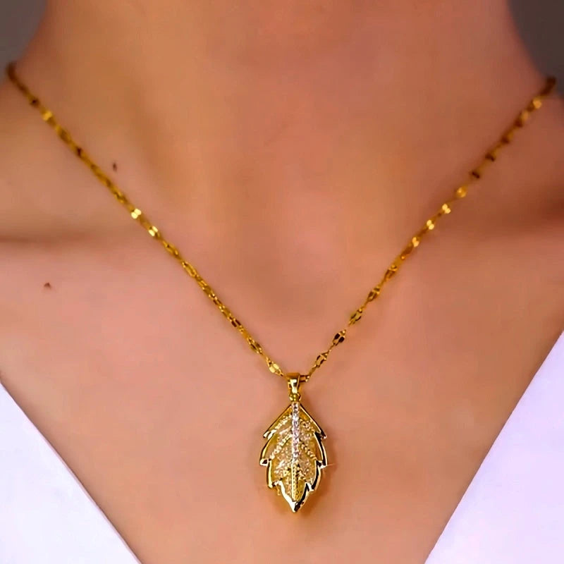 Close-up of the pendant and clasp on the Golden Leaf Pendant