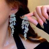 14K Gold-Plated Zircon Leaf Tassel Earrings - elegant Silver Leaf Tassel