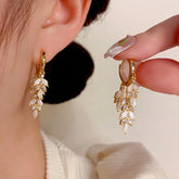 14K Gold-Plated Zircon Leaf Tassel Earrings - elegant Golden Leaf Tassel