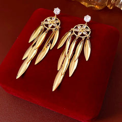 Angled view of the 14K Gold-Plated Zircon Leaf Tassel Earrings