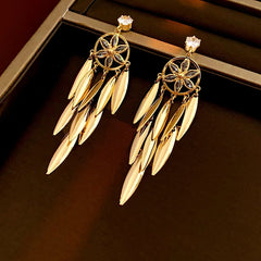 Model showcasing the dangle and style of the 14K Gold-Plated Zircon Leaf Tassel Earrings