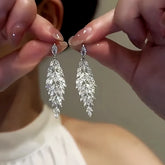 14K Gold-Plated Zircon Leaf Tassel Earrings - elegant Double Leaf Tassel