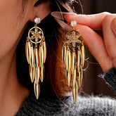 14K Gold-Plated Zircon Leaf Tassel Earrings - elegant Pave Leaf Tassel
