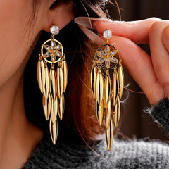 14K Gold-Plated Zircon Leaf Tassel Earrings - elegant Pave Leaf Tassel