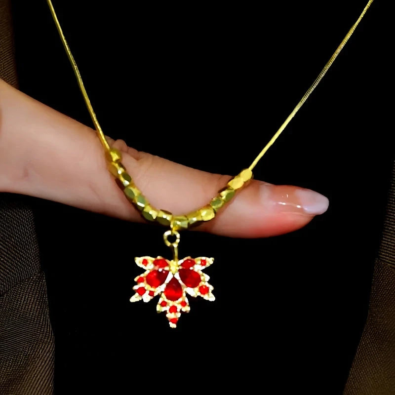 14K Gold-Plated Zircon Maple Leaf Necklaces - beautiful Red Maple Leaf Necklace