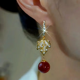 14K Gold-Plated Zircon Maple Leaf Pearl Earrings - elegant Red Maple Leaf Pearl
