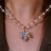 14K Gold-Plated Zircon Maple Leaf Pearl Necklace - beautiful Maple Leaf Lariat