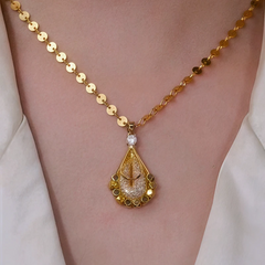 14K Gold-Plated Zircon Mesh Water Drop Necklace worn to showcase its length and pendant detail