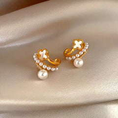 Angled view of the 14K Gold-Plated Zircon Multi-Layer Four-Leaf Flower Pearl Earrings