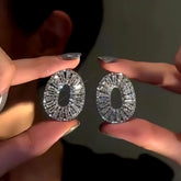 14K Gold-Plated Zircon Oval Earrings - elegant Silver Textured Ovals