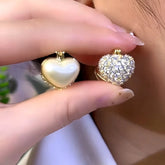14K Gold-Plated Zircon Pearl Double-Sided Heart Earrings - elegant Reversible Pearl Heart