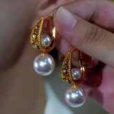 14K Gold-Plated Zircon Pearl Earrings - elegant Asymmetrical Pearl Drops