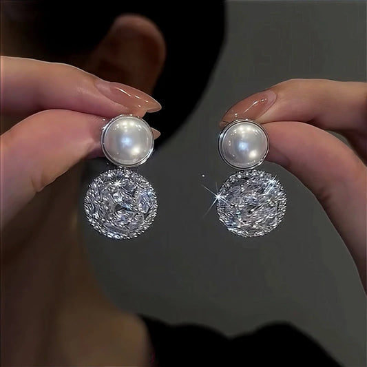 14K Gold-Plated Zircon Pearl Earrings - elegant Zircon Pearl Drops