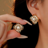 14K Gold-Plated Zircon Pearl Flower Stud Earrings - elegant Flower Stud Earrings