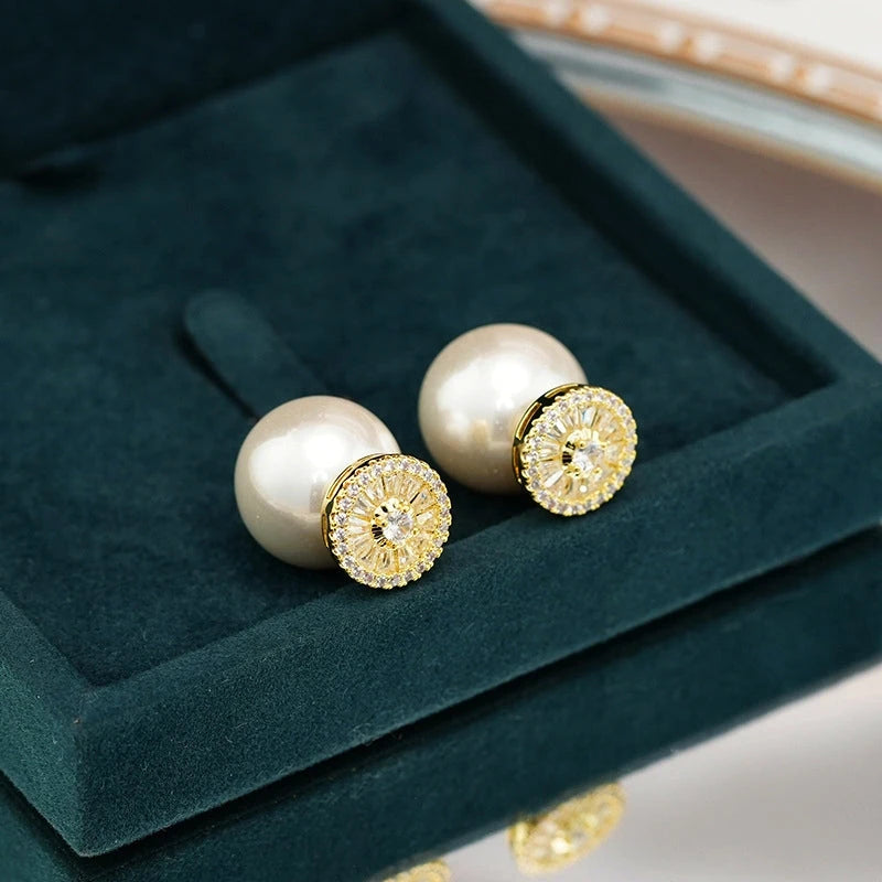 Close-up detail of the sparkling zircons and plating on the Pearl Jacket Earrings