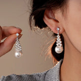 14K Gold-Plated Zircon Pearl Tassel Earrings - elegant Pearl Tassel Earrings