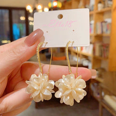 Ella18 Jewelry gold rhinestone hook white pearl flower dangle drop earrings