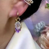 14K Gold-Plated Zircon Purple Crushed Ice Double-Layer Leaf Tassel Earrings - elegant Leaf Tassel Earrings