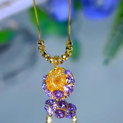 14K Gold-Plated Zircon Purple Diamond Mesh Pendant Necklace worn to showcase its length and pendant detail