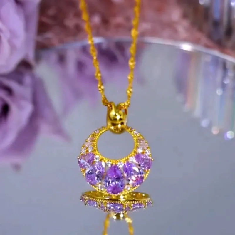 14K Gold-Plated Zircon Purple Diamond Pendant Necklace worn to showcase its length and pendant detail
