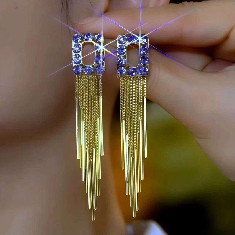14K Gold-Plated Zircon Purple Diamond Tassel Earrings - elegant Diamond Tassel Earrings
