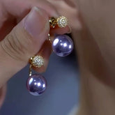 14K Gold-Plated Zircon Purple Pearl Earrings - elegant Jacket Earrings