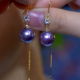 14K Gold-Plated Zircon Purple Pearl Threader Earrings - elegant Threader Earrings