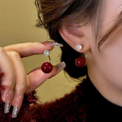 14K Gold-Plated Zircon Red Bead Earrings - elegant Red Bead Earrings