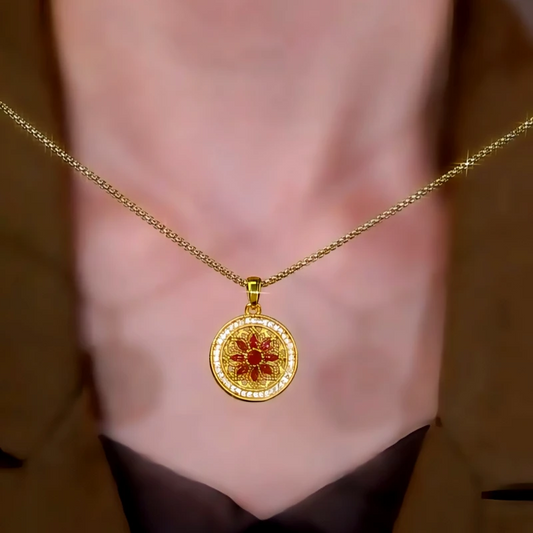 14K Gold-Plated Zircon Red Diamond Flower Pendant Necklace - beautiful Flower Pendant Necklace