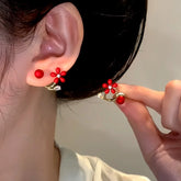 14K Gold-Plated Zircon Red Flower Pearl Jacket Earrings - elegant Jacket Earrings