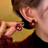 14K Gold-Plated Zircon Red Glaze Flower Stud Earrings - elegant Flower Stud Earrings